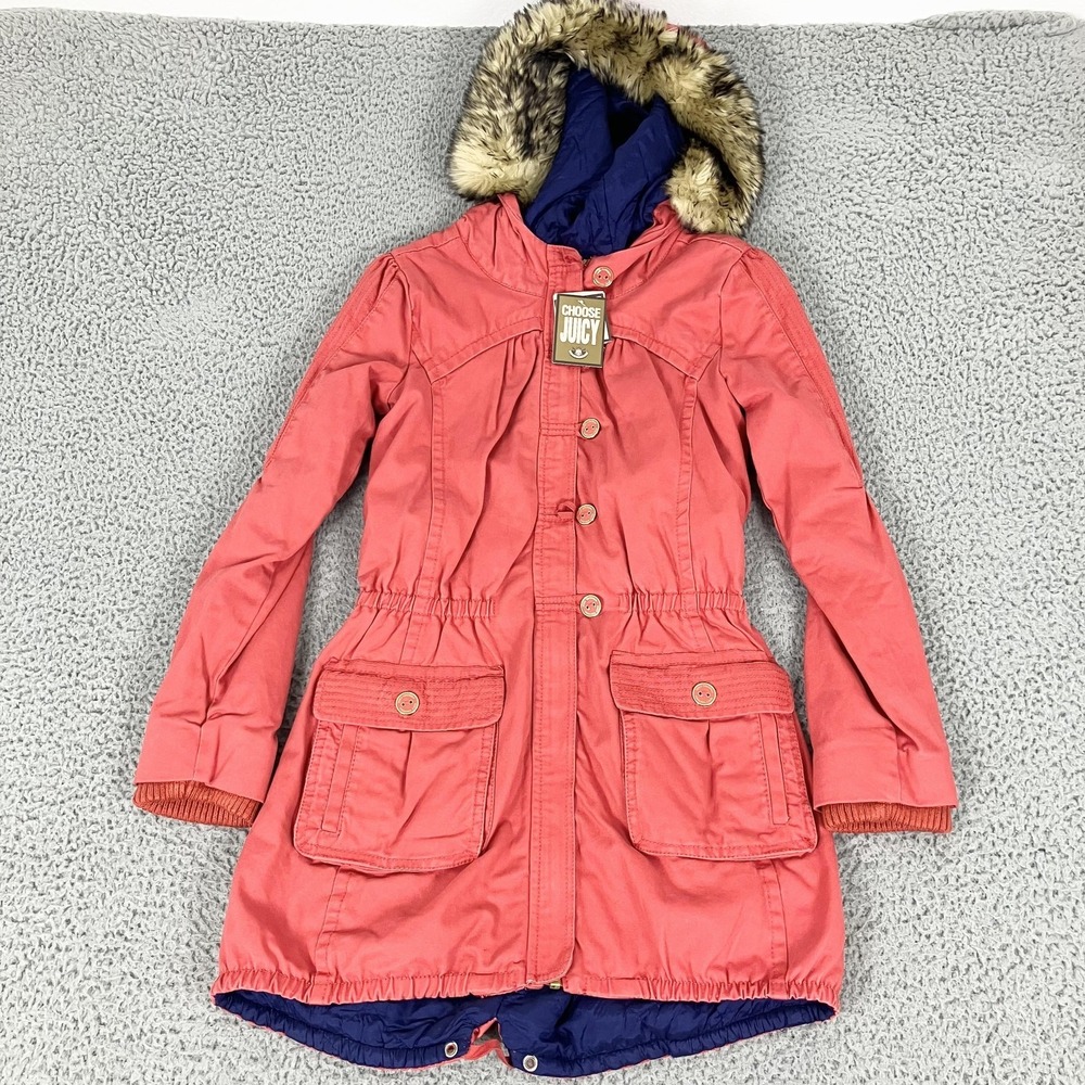 Juicy Couture Coat Womens 14 Small Pink Faux Fur‎ Hooded Long Parka Winter Y2K